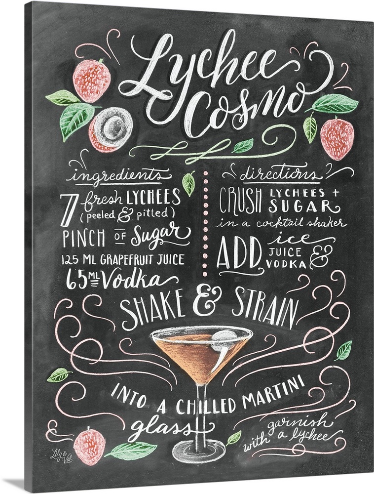 Handlettered recipe for a Lychee Cosmo cocktail with the appearance of a chalkboard drawing.