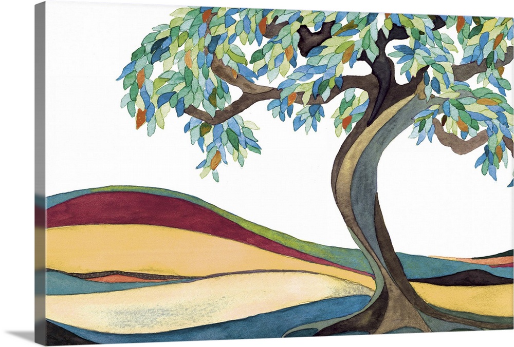 Watercolor painting of a tree with a curved trunk and leafy branches in a field.