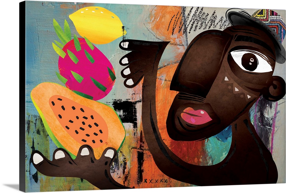 Modern and funky image featuring a dark-skinned man juggling various tropical fruits. Colorful, fun and fresh, this would ...