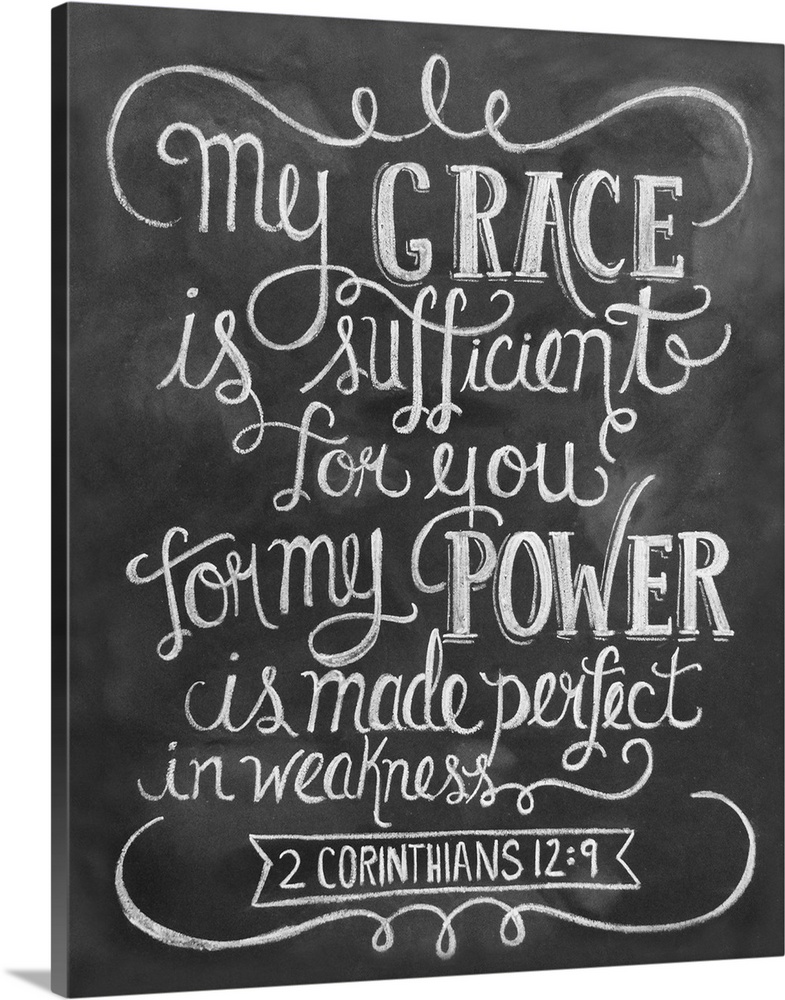 The Bible passage 2 Corinthians 12:9 handwritten in white chalk on a black background.