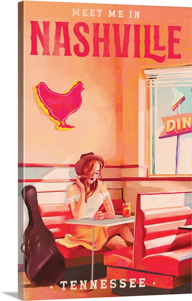 Retro travel poster of a young woman sitting in a music city diner with a guitar case