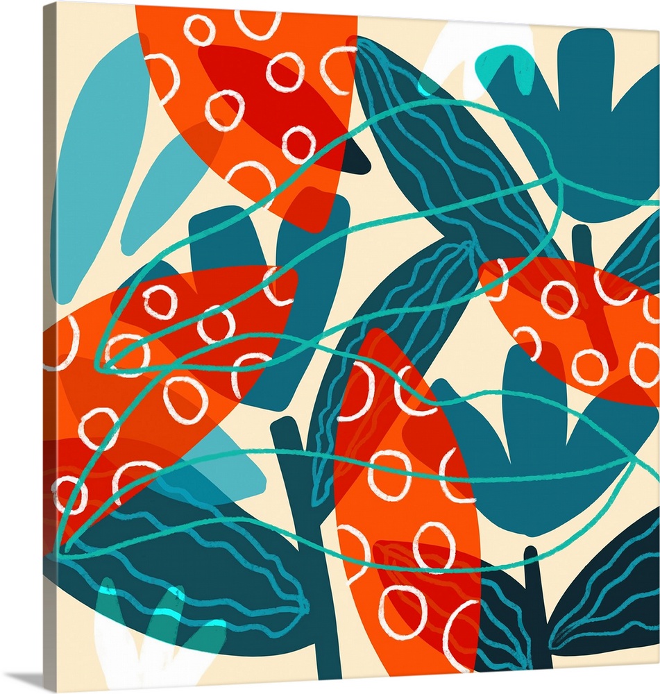 A bold Mid-Century graphic illustration of orange and blue leaves which makes a big statement for any room