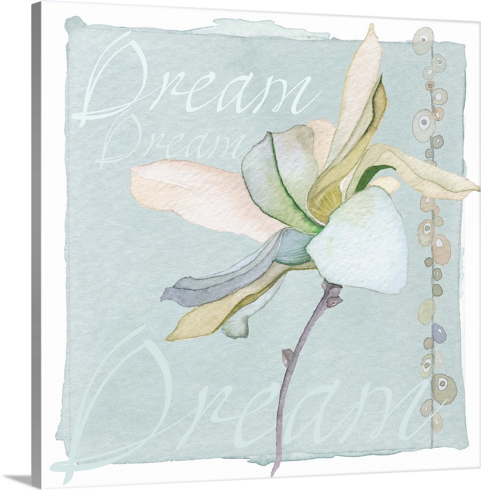 Decorative watercolor painting of a green lily with the word "Dream" repeated in the background.