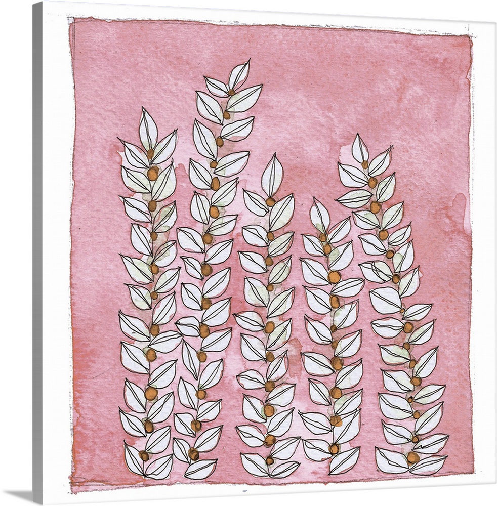 Watercolor illustration of leafy vines on a pink background.