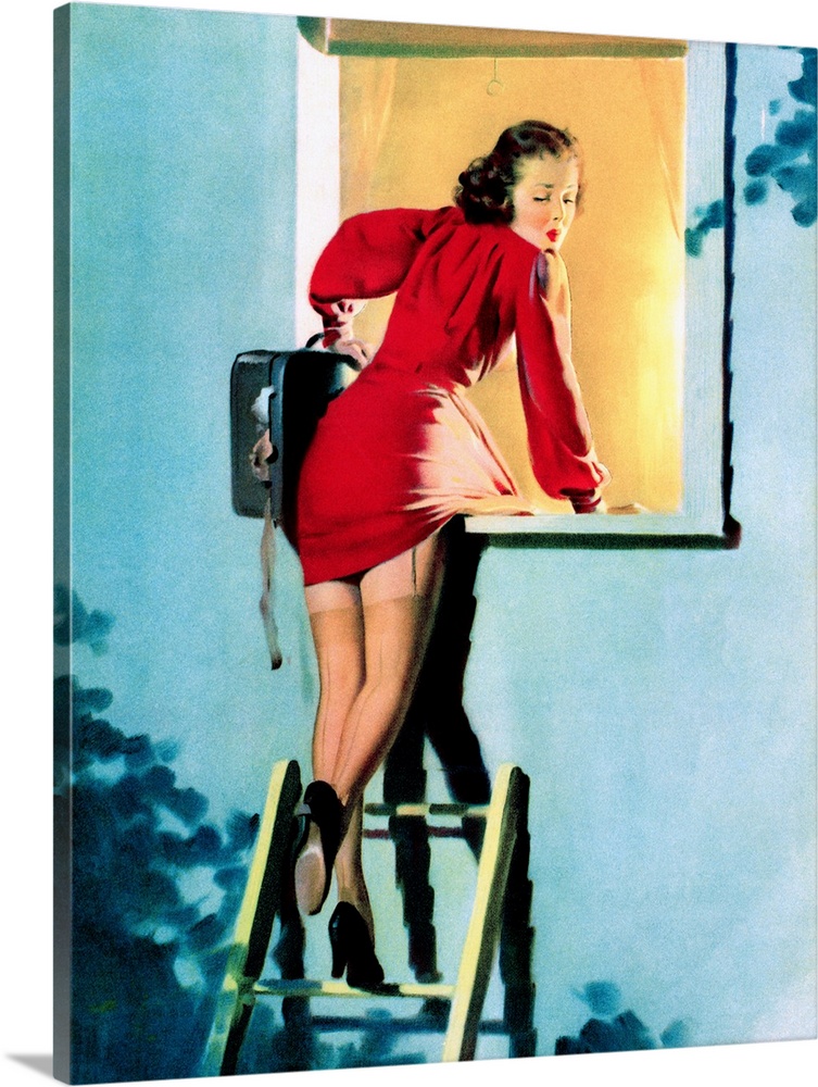 Vintage 50's illustration of a young woman escaping from window by climbing down a ladder.