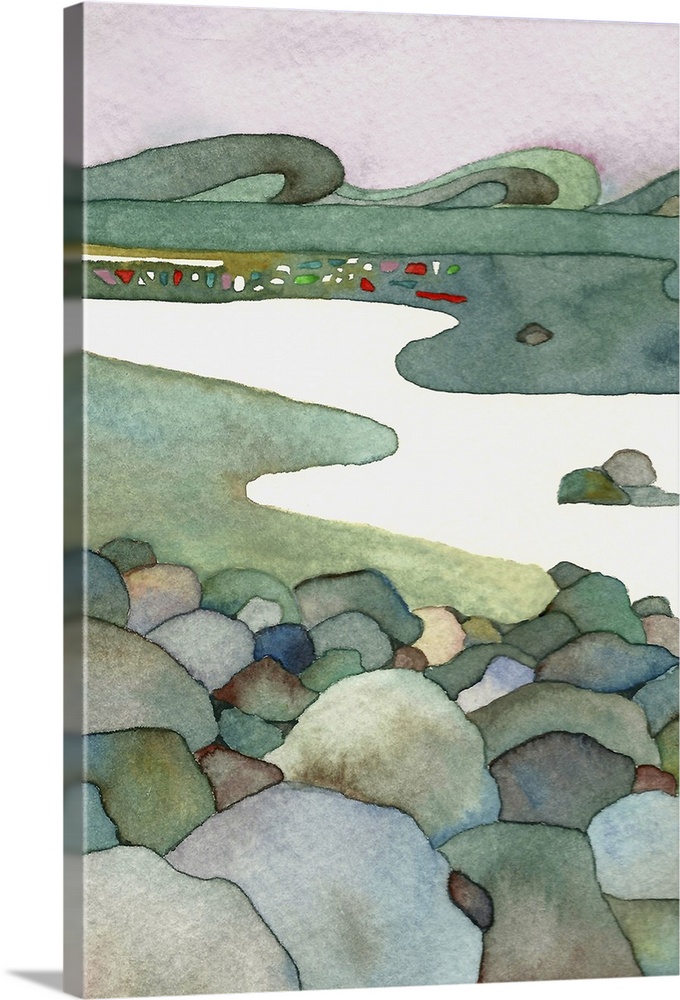 Contemporary watercolor landscape painting featuring a river seen from a rocky shore, with hills in the distance.