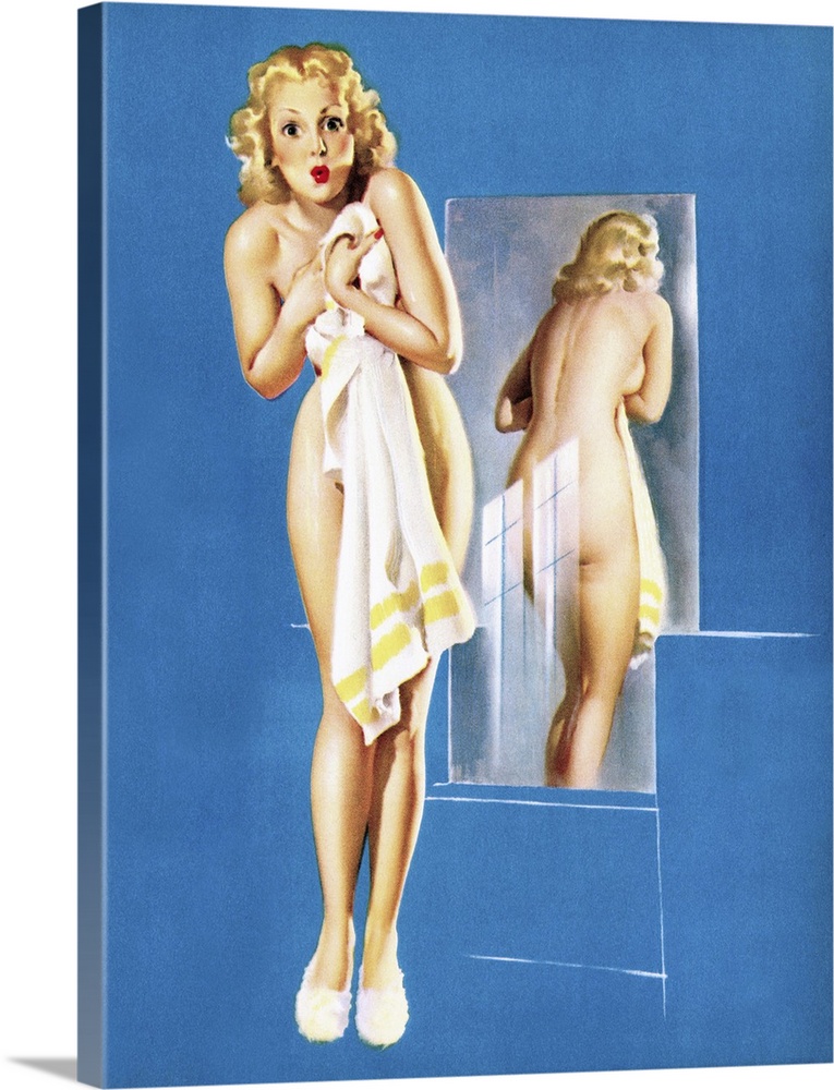 Vintage 50's illustration of a young woman holding up a towel.