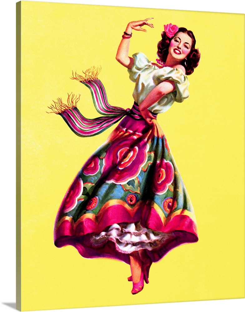 Vintage 50's illustration of a young woman in a colorful dress dancing.