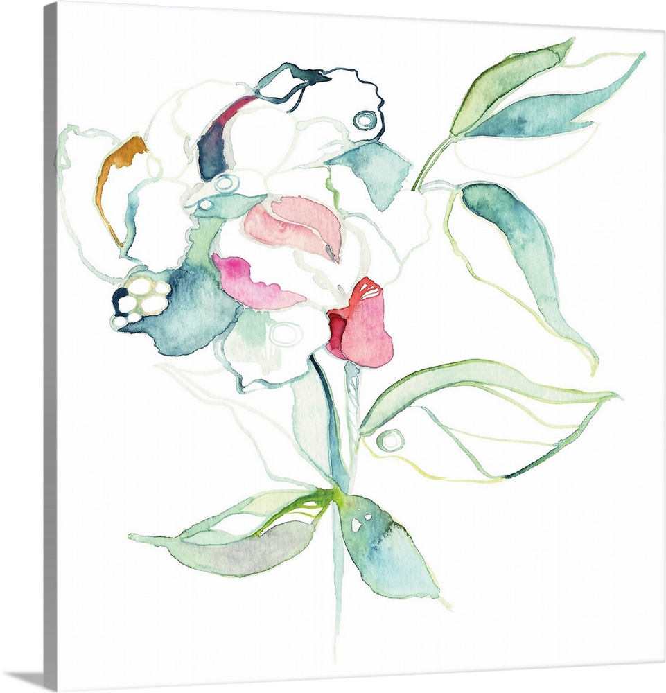 Contemporary watercolor painting of a blooming flower with several leaves.