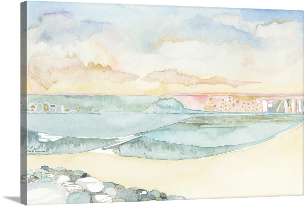 Watercolor seascape painting of ocean, beach and sky