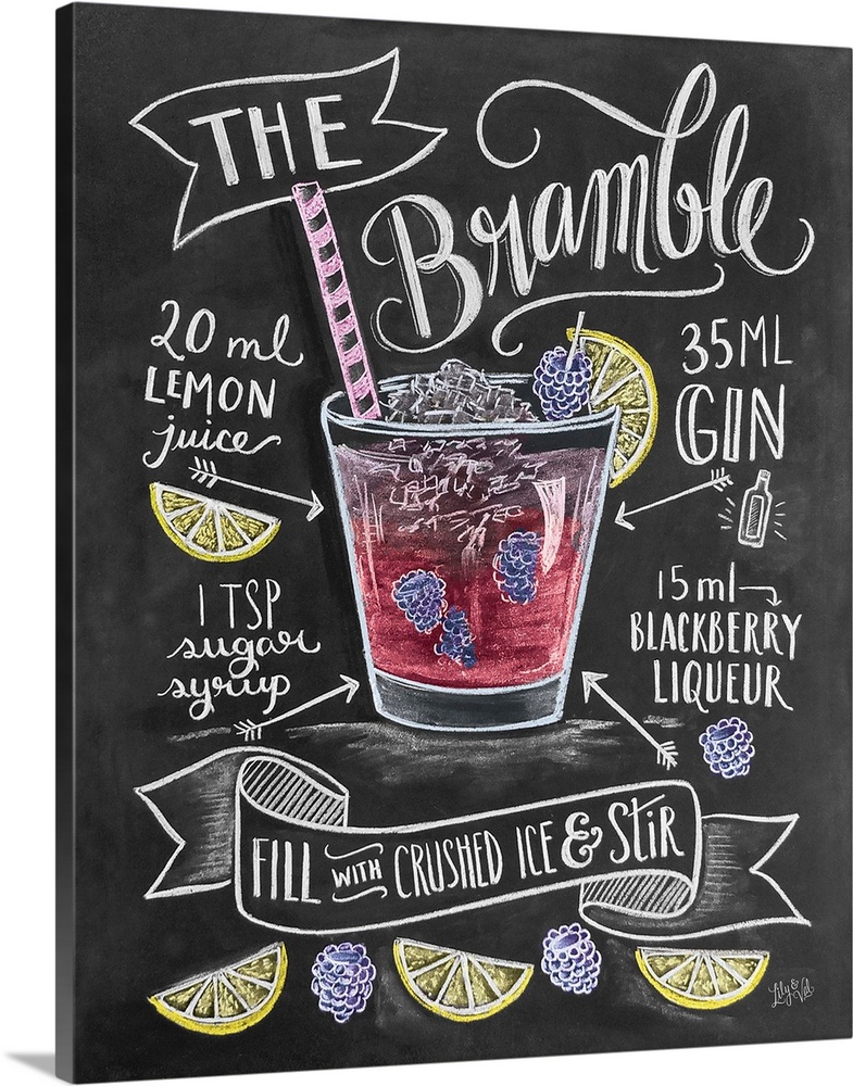 Recipe for a mixed drink hand written and illustrated in chalk on a black background.