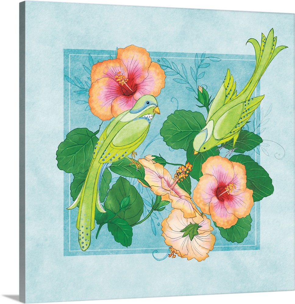 Tropical scene with two green birds perched on hibiscus flowers.