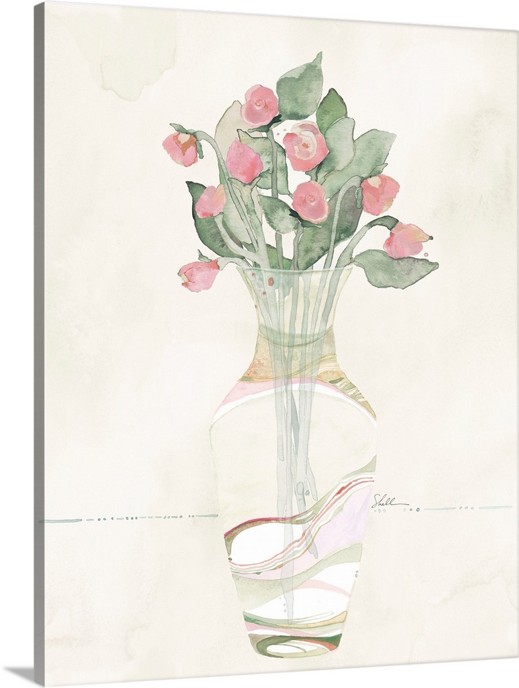 Hand painted watercolor painting of abstracted flowers and leaves in a painted vase