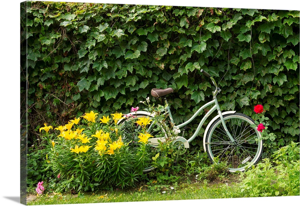 A bicycle in a beautiful garden.