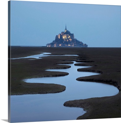 A Meandering Pool And Mont Saint Michel At Night, Manche, Normandy, France