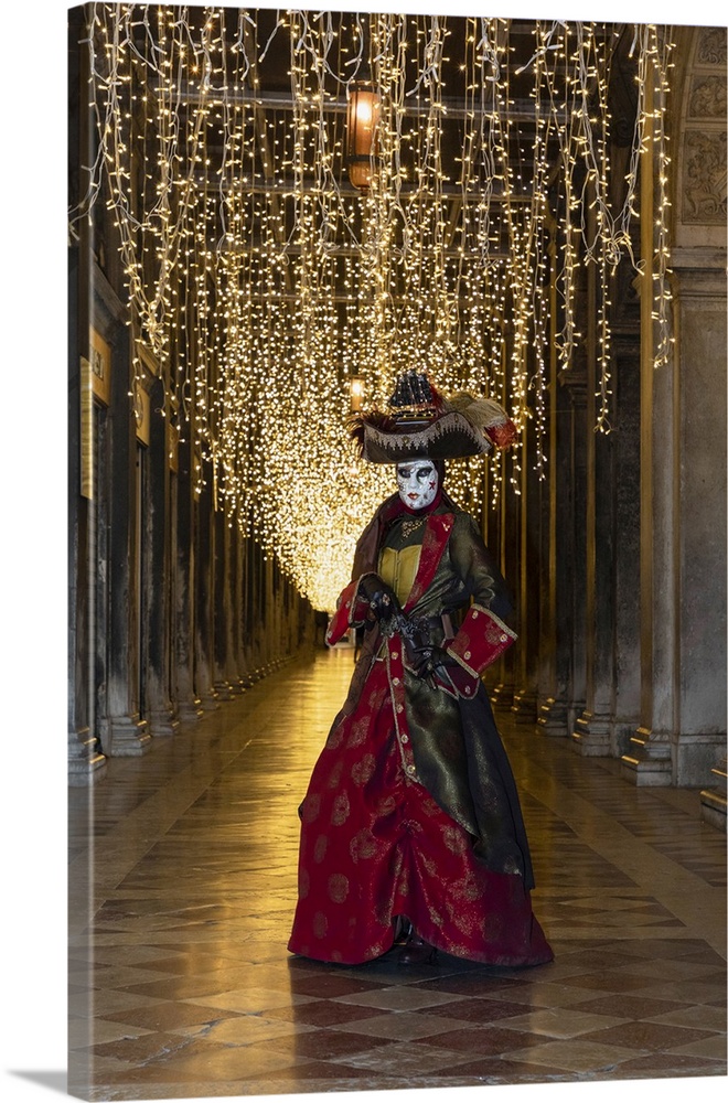 A woman in costume poses in St. Mark's square during the Venice Carnival, Venice, Veneto, Italy