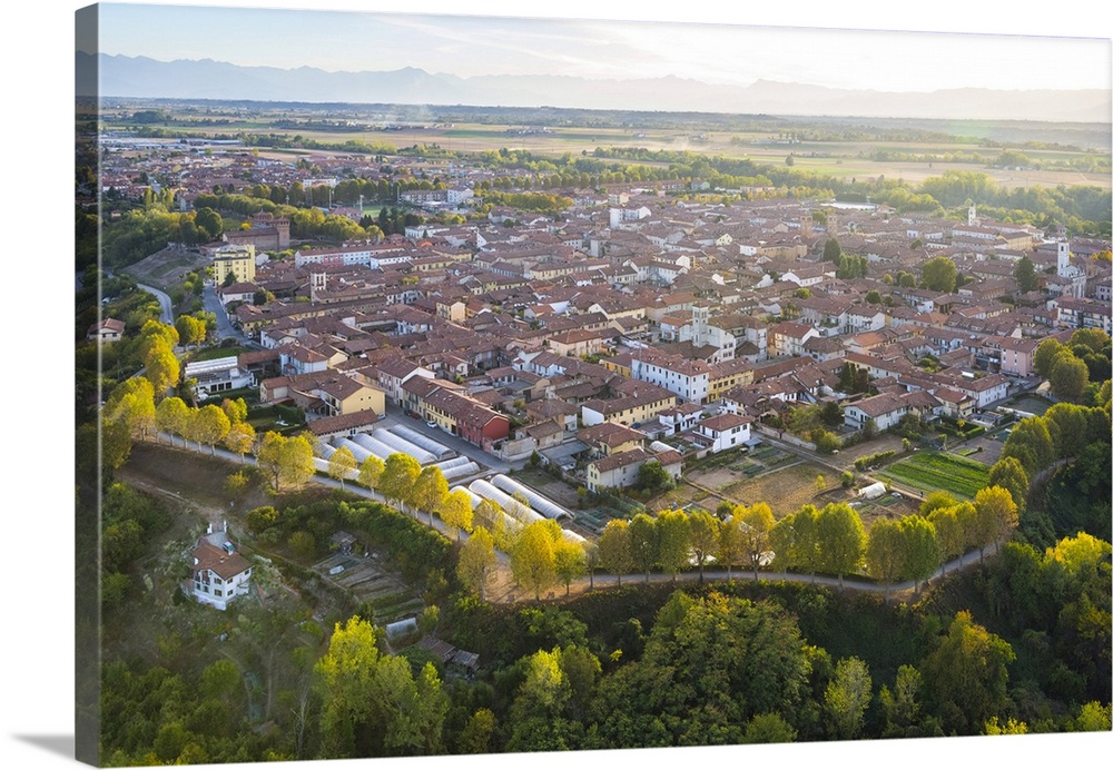 Aerial view Cherasco village from hot air baloon, Cuneo Province, Piedmont, Italy, Europe