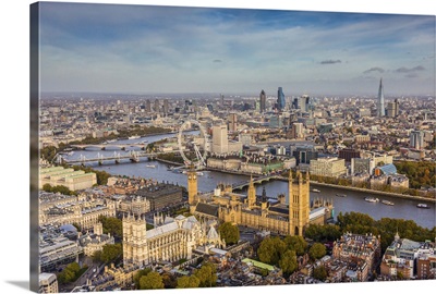 Aerial view from helicopter, Houses of Parliament, River Thames, London, England