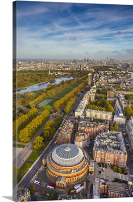 Aerial view from helicopter, Royal Albert Hall and Hyde Park, London, England