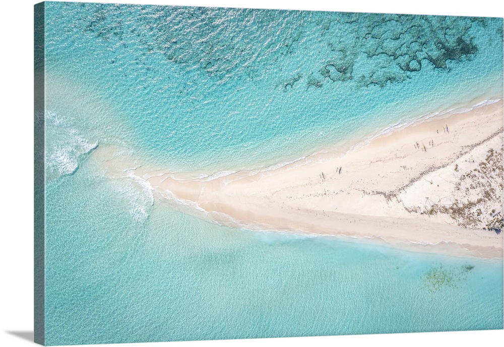 Aerial View Of A Pristine Beach, People In Canoes. Madagascar, Africa, Nosy Ve, Anakao