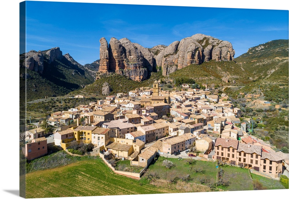 Aerial View Of Aguero Village. Aguero, Huesca, Aragon, Spain