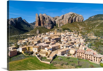Aerial View Of Aguero Village. Aguero, Huesca, Aragon, Spain
