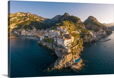 Aerial View Of Amalfi, Amalfi Coast, Gulf Of Salerno, Salerno Province, Campania, Italy