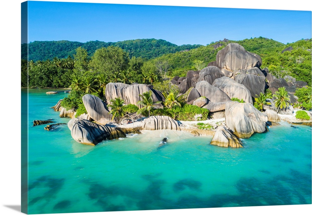 Aerial view of Anse Source d'Argent beach, La Digue island, Seychelles, Africa.