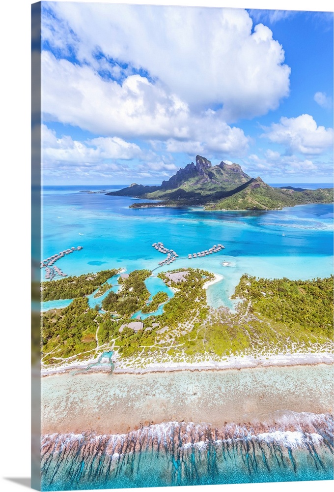 Aerial view of Bora Bora island with St Regis and Four Seasons resorts, French Polynesia.