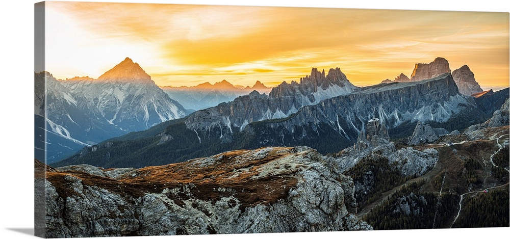 Aerial view of Cinque Torri, Antelao, Cima Ambrizzola, Lastoi De Formin and Monte Pelmo peaks at dawn, Dolomites, Veneto, ...