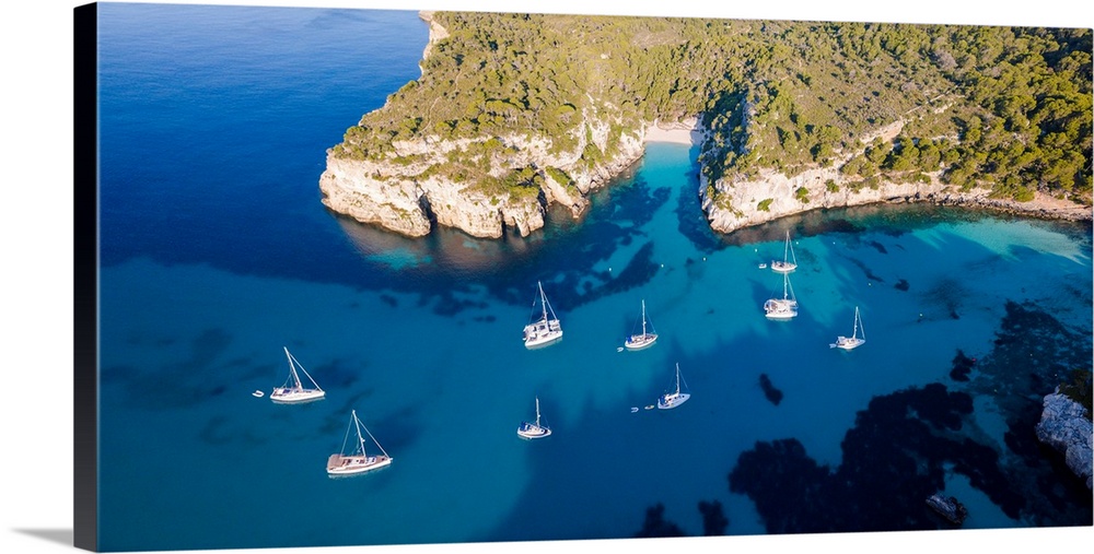Aerial view of coastline and beach, Cala Macarella, Menorca, Balearic Islands, Spain.