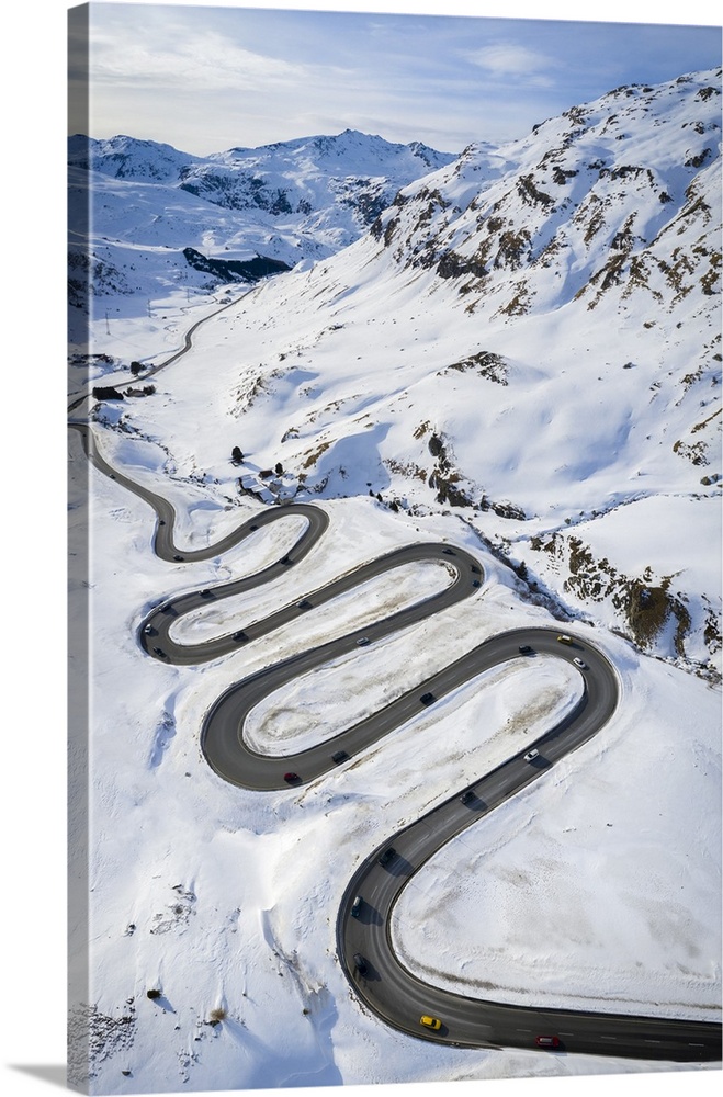 Aerial view of curves of Maloja Pass road, Bregaglia Valley, canton of Graubunden, Engadine, Switzerland.