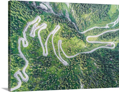 Aerial View Of Curves Of The Road Between Woods, Maloja Pass, Engadine, Switzerland