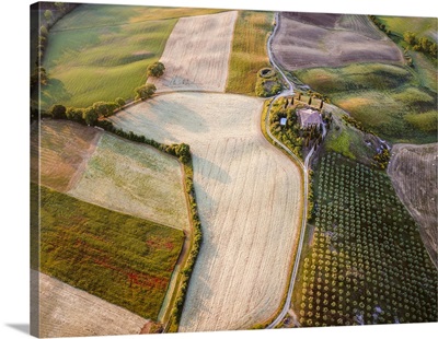 Aerial view of farmhouse and fields, Tuscany, Italy