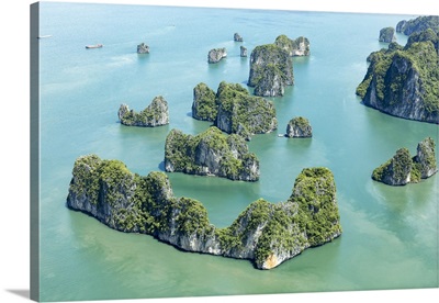 Aerial view of Karst islands, Halong Bay, North-East Vietnam, South-East Asia