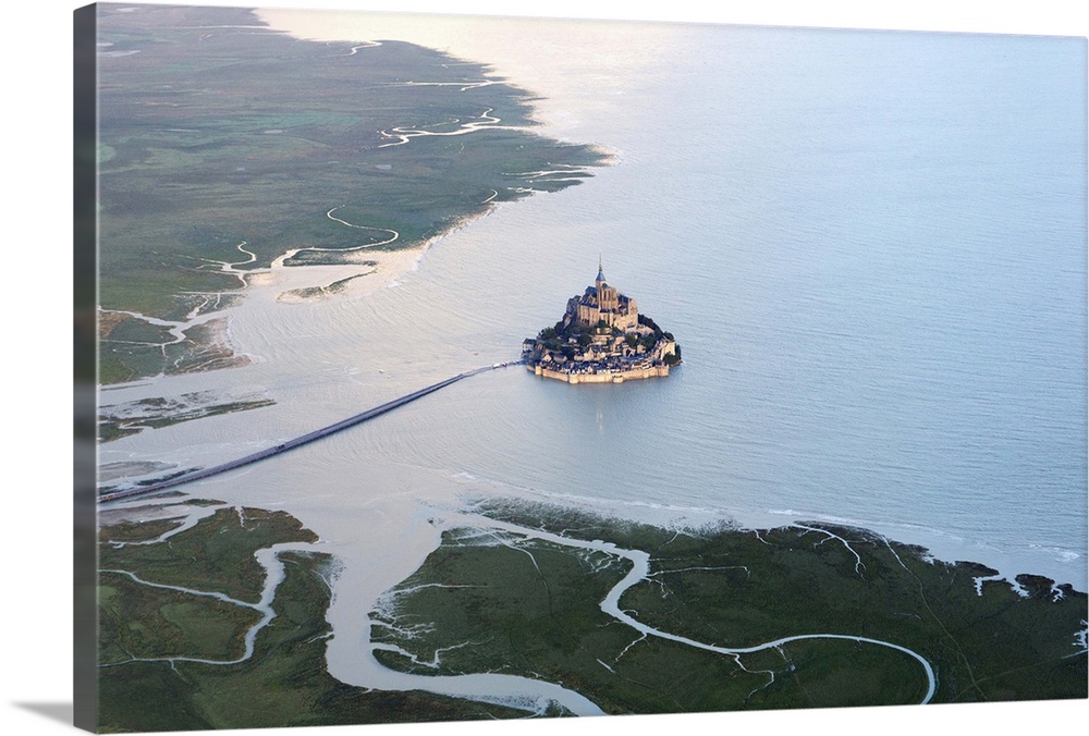 Aerial view of Mont Saint Michel at high tide, Manche, France.