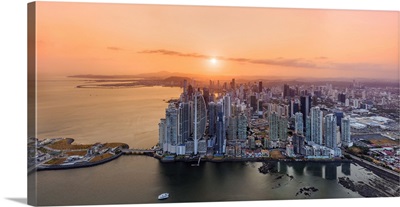 Aerial View Of Panama City Skyscrapers At Sunset, Panama City, Panama, Central America