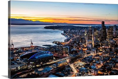Aerial View Of Seattle Downtown Skyline At Dusk, Seattle, Washington, USA