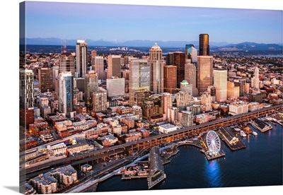 Aerial View Of Seattle Downtown Skyline At Sunset, Seattle, Washington, USA