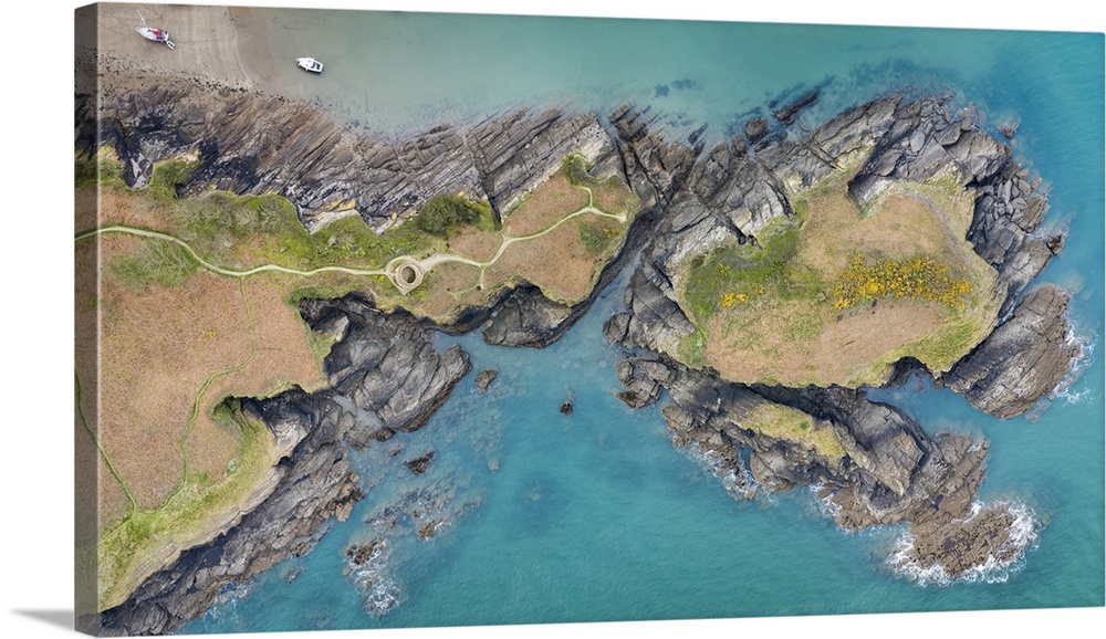 Aerial view of Sexton's Burrow headland at Watermouth Cove, Devon, England. Spring (April) 2021.