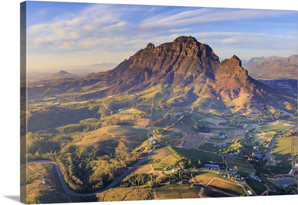 South Africa, Western Cape, Stellenbosch, Aerial view of Simonsberg Mountain range and Stellenbosch Winelands.
