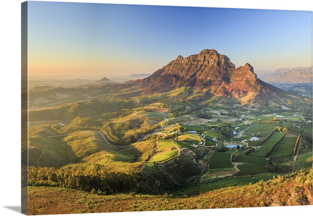 South Africa, Western Cape, Stellenbosch, Aerial view of Simonsberg Mountain range and Stellenbosch Winelands.