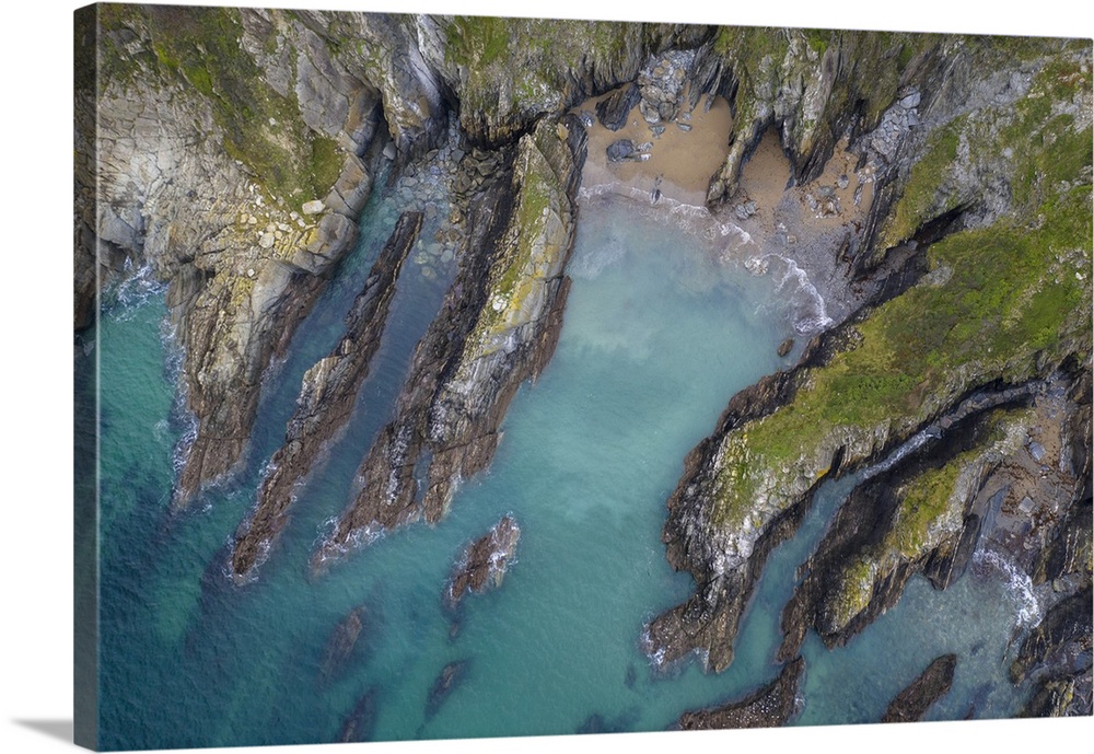 Aerial view of the coastal geology at Rame Head, Cornwall, England. Winter (January) 2022.