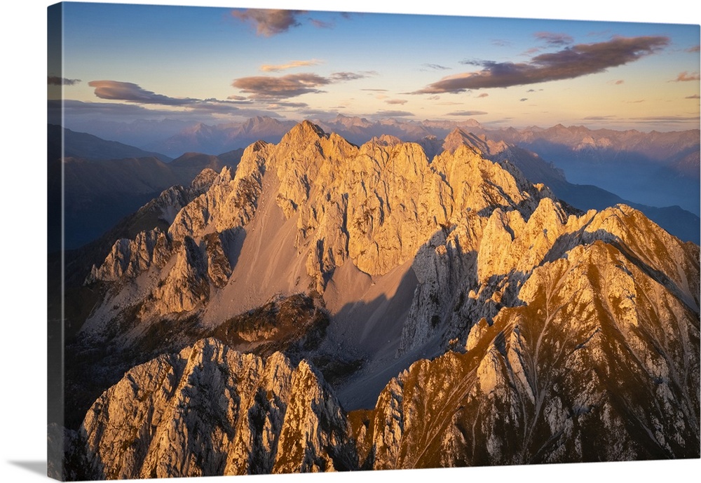 Aerial view of the Corna di San Fermo and Cima Moren, part of Pizzo Camino, at sunset. Borno, Valcamonica, brescia distric...