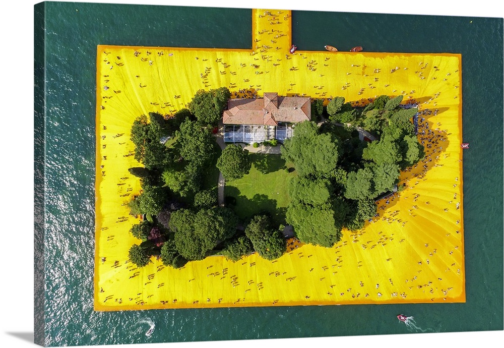 Aerial view of The Floating Piers in Iseo Lake, Brescia, Italy, Europe.