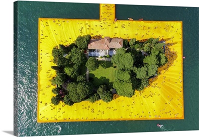 Aerial view of The Floating Piers in Iseo Lake, Brescia, Italy