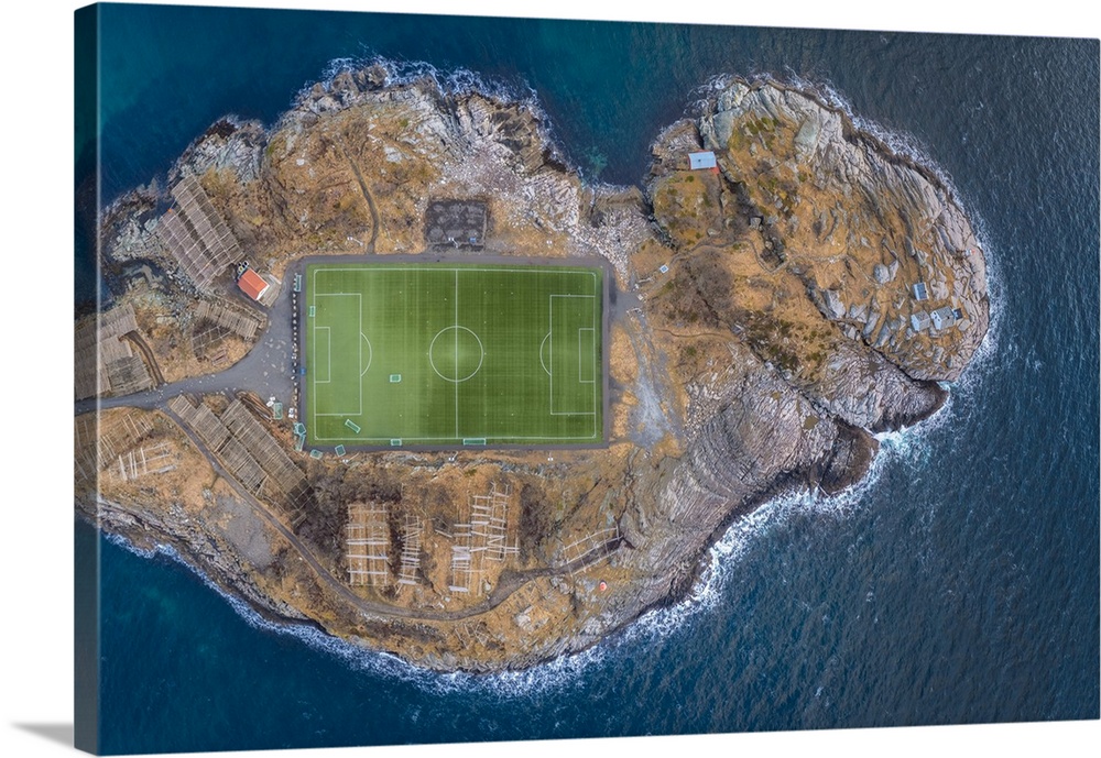 Aerial view of the Henningsvaer stadium on the island of Hellandsoya, Lofoten Islands, Nordland, Norway.