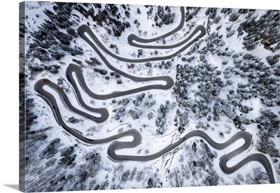 Aerial View Of The Maloja Pass Covered In Snow, Switzerland.