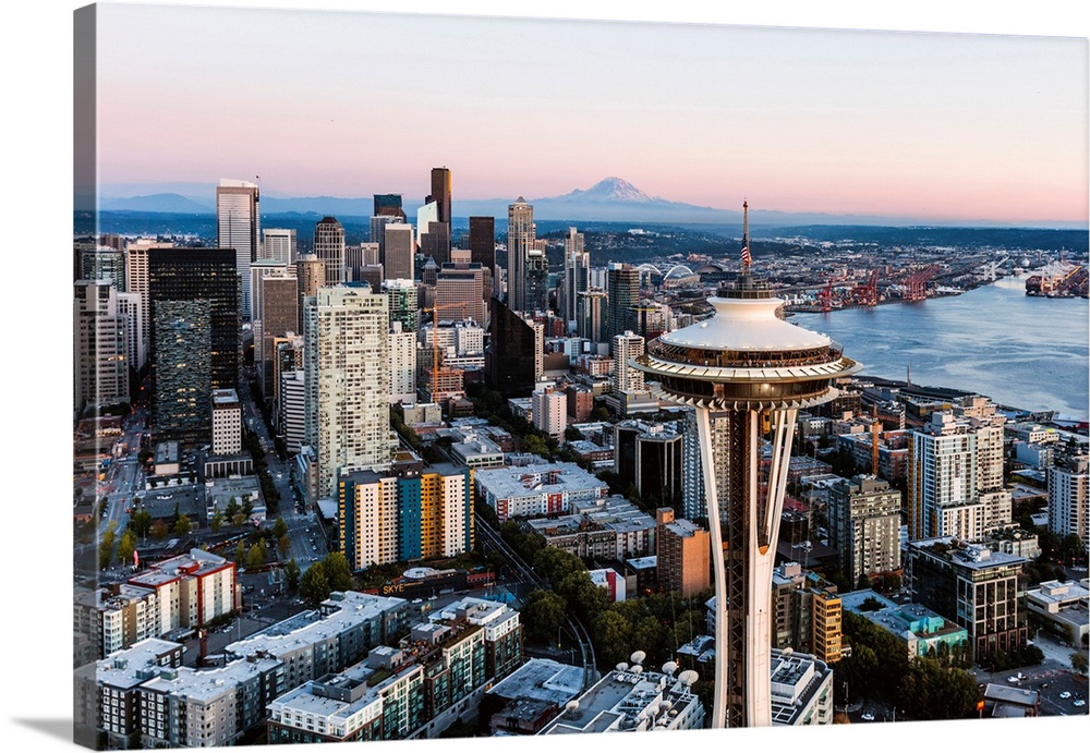 Aerial View Of The Space Needle And Downtown Skyline At Sunset With Mt Rainier In The Background, Seattle, Washington, USA