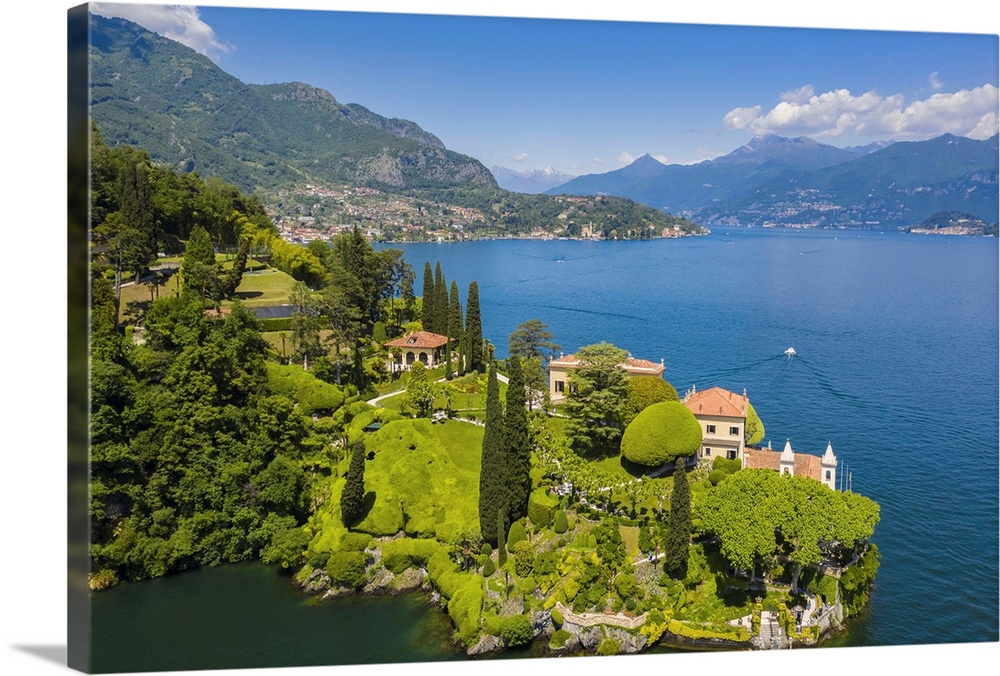 Aerial view of the Villa del Balbianello, on the Lavedo peninsula. Lenno, Tremezzina, Como Lake, Lombardy, Italy.